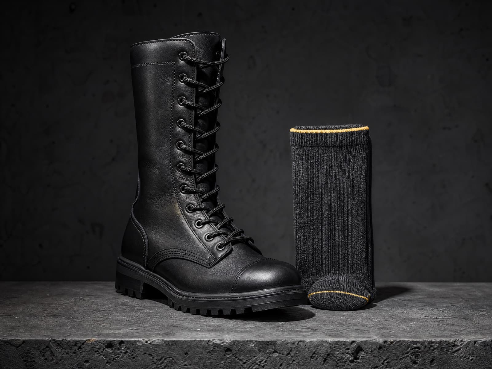 High lace-up work boot shown beside an Onshift sock on a workbench